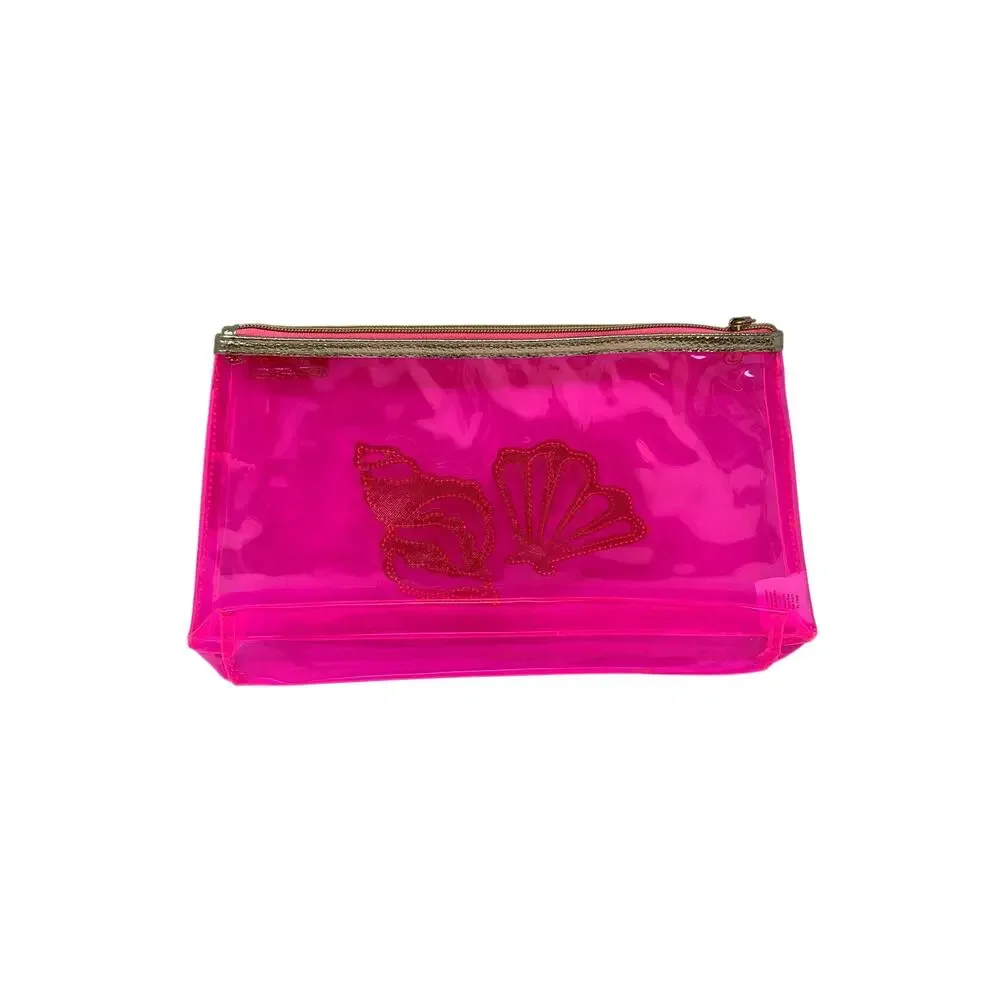 Lilly Pulitzer Clear Hot Pink Havana Clutch Pouch Gold Tone Zipper Shell Design